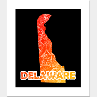 Colorful mandala art map of Delaware with text in red and orange Posters and Art